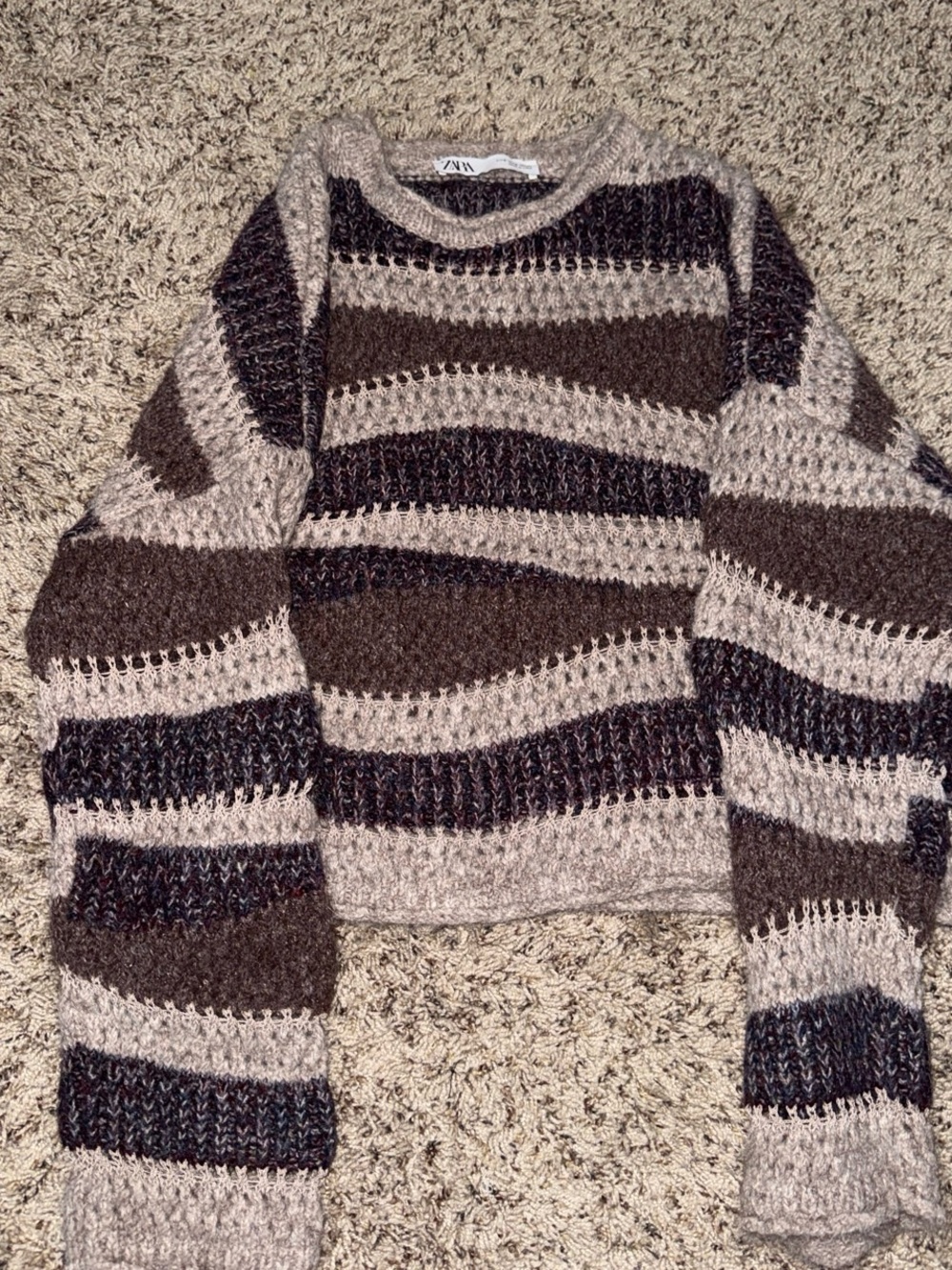 Zara Striped Open-Stitch Crewneck Sweater - Taupe, Dark Brown & Black